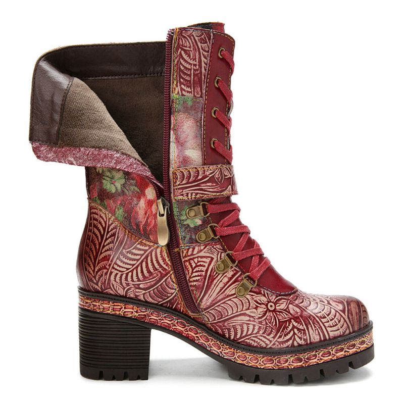 Socofy Femmes Cuir Véritable Imprimé Floral Doublure Chaude Talon Chunky Bottes Courtes