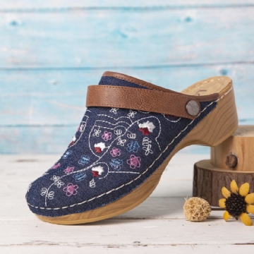 Socofy Femmes Denim Broderie Florale Bout Fermé Sabots Sandales