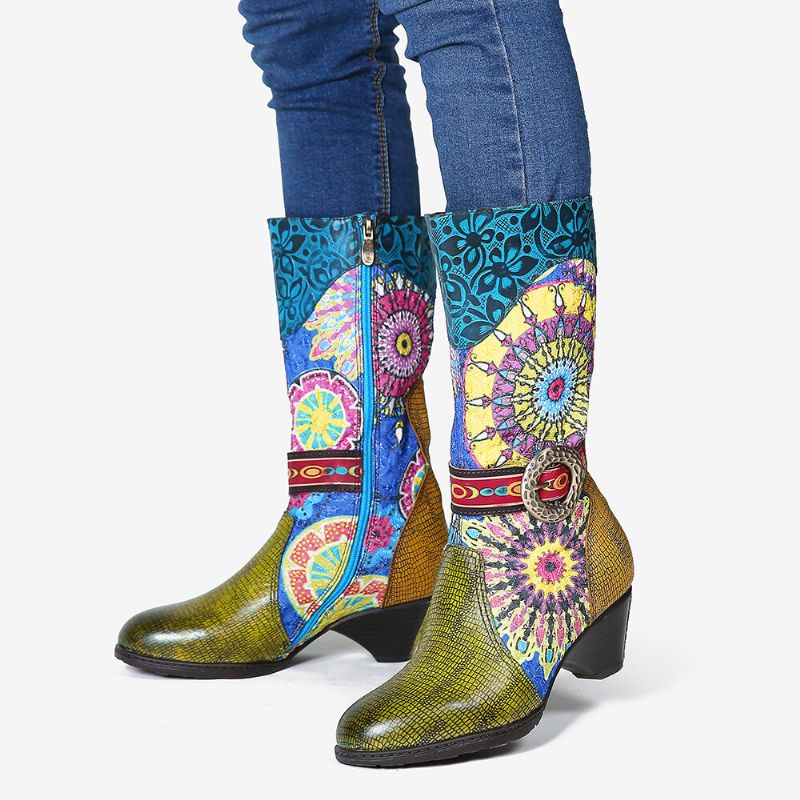 Socofy Femmes Folkways Motif Talon Haut Haut Mi-mollet Bottes D'hiver À Bout Rond