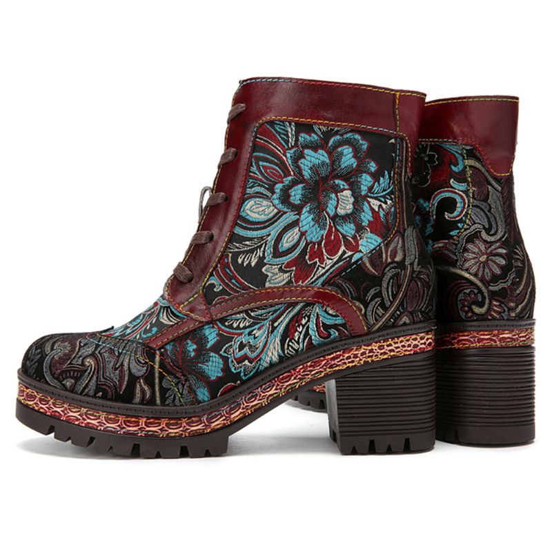 Socofy Femmes Rétro Floral Brodé Confortable Doublure Chaude Talon Chunky Bottes Courtes