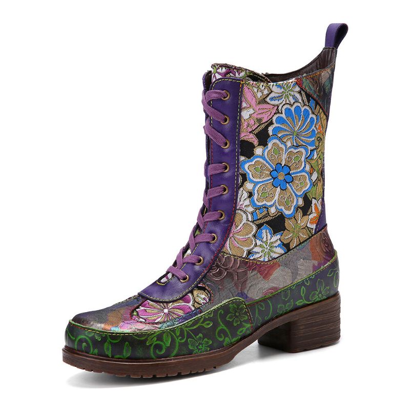 Socofy Femmes Rétro Floral Broderie Impression Cuir Confortable Talons Chunky Bottes Mi-mollet