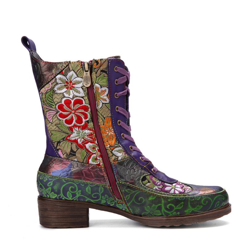 Socofy Femmes Rétro Floral Broderie Impression Cuir Confortable Talons Chunky Bottes Mi-mollet