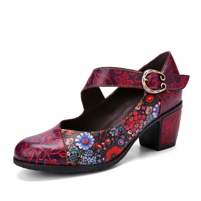 Socofy Femmes Rétro Floral Impression Cuir Confortable Bout Rond Semelle Souple Talons Chunky