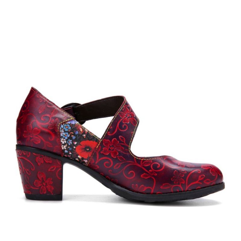 Socofy Femmes Rétro Floral Impression Cuir Confortable Bout Rond Semelle Souple Talons Chunky