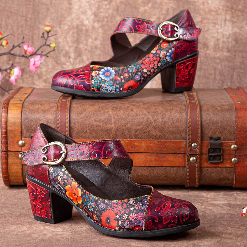 Socofy Femmes Rétro Floral Impression Cuir Confortable Bout Rond Semelle Souple Talons Chunky