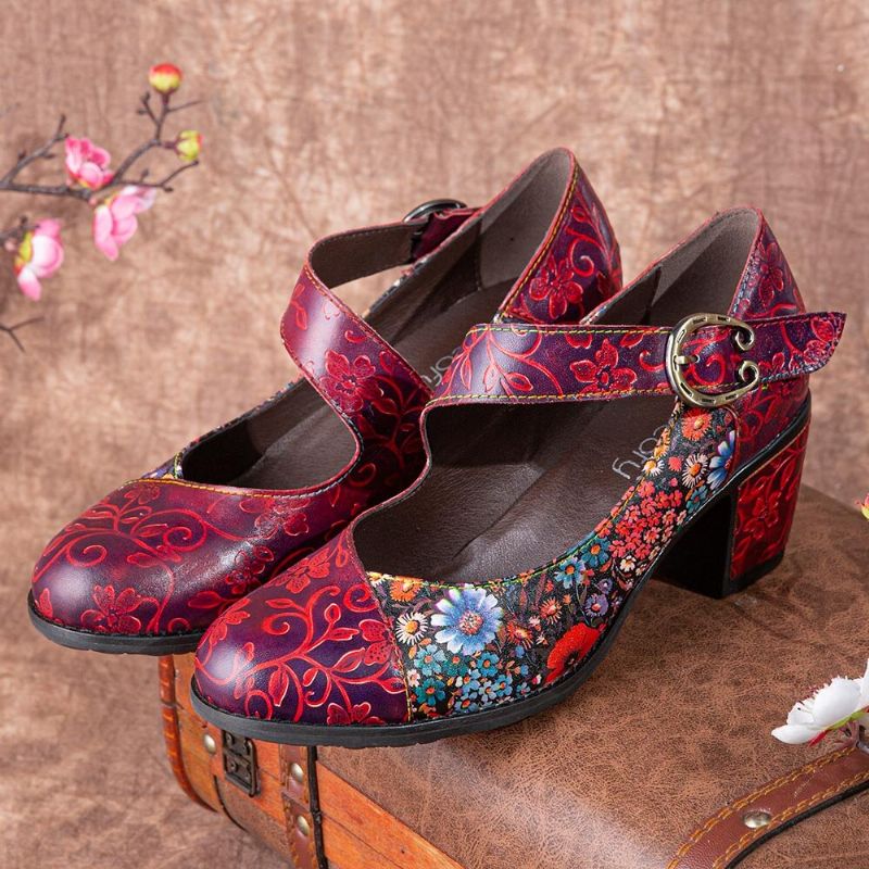 Socofy Femmes Rétro Floral Impression Cuir Confortable Bout Rond Semelle Souple Talons Chunky