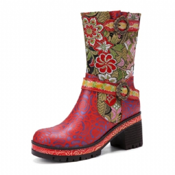 Socofy Femmes Rétro Floral Impression Cuir Doux Confortable Talons Chunky Bottes Mi-mollet