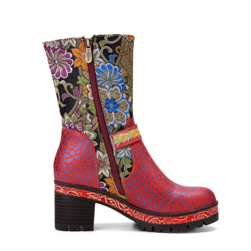 Socofy Femmes Rétro Floral Impression Cuir Doux Confortable Talons Chunky Bottes Mi-mollet