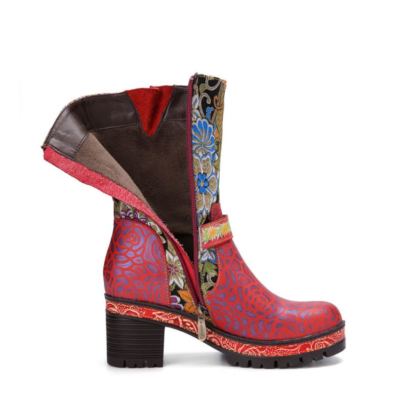 Socofy Femmes Rétro Floral Impression Cuir Doux Confortable Talons Chunky Bottes Mi-mollet