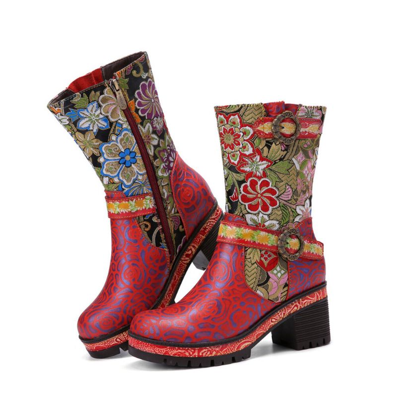 Socofy Femmes Rétro Floral Impression Cuir Doux Confortable Talons Chunky Bottes Mi-mollet