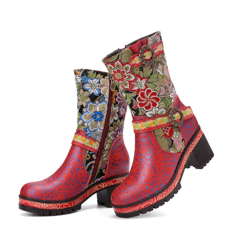 Socofy Femmes Rétro Floral Impression Cuir Doux Confortable Talons Chunky Bottes Mi-mollet