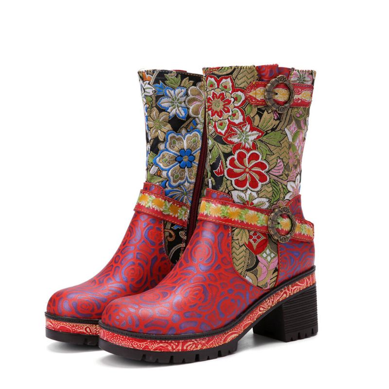 Socofy Femmes Rétro Floral Impression Cuir Doux Confortable Talons Chunky Bottes Mi-mollet