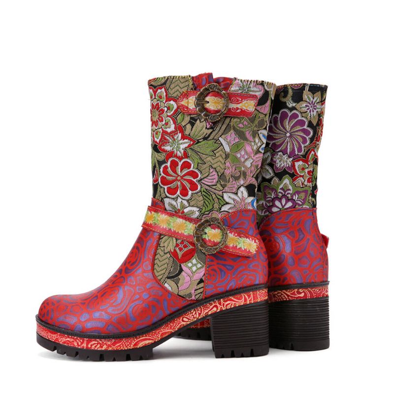 Socofy Femmes Rétro Floral Impression Cuir Doux Confortable Talons Chunky Bottes Mi-mollet