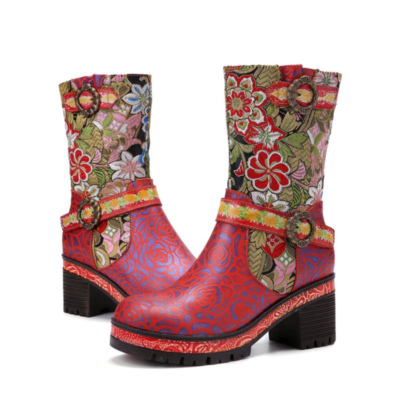 Socofy Femmes Rétro Floral Impression Cuir Doux Confortable Talons Chunky Bottes Mi-mollet