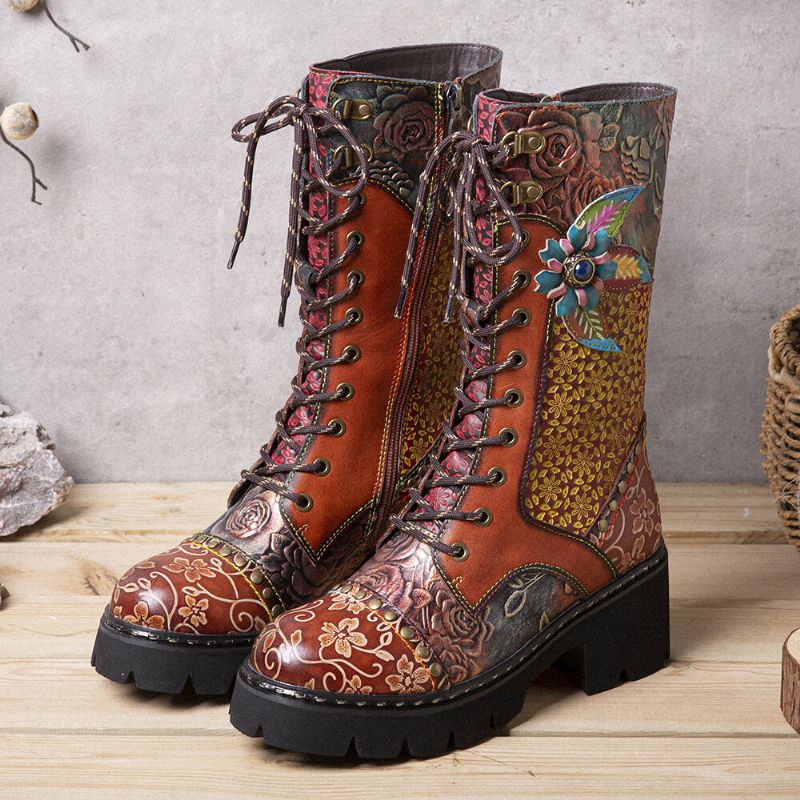 Socofy Femmes Retro Rub Color Fleurs Tridimensionnelles Deco Mid-tube Boots