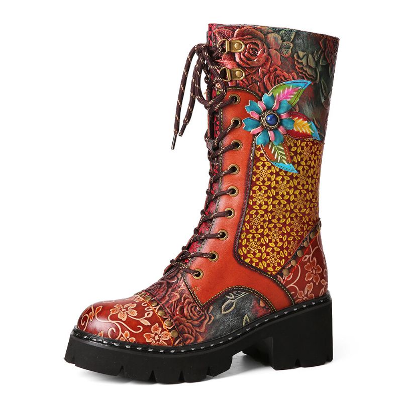 Socofy Femmes Retro Rub Color Fleurs Tridimensionnelles Deco Mid-tube Boots