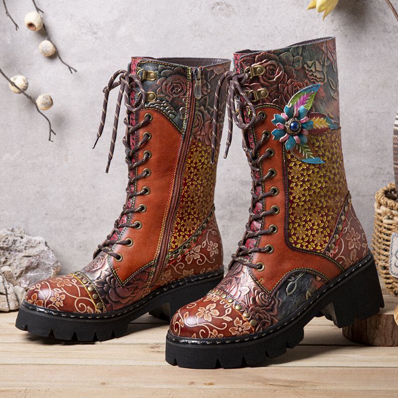 Socofy Femmes Retro Rub Color Fleurs Tridimensionnelles Deco Mid-tube Boots