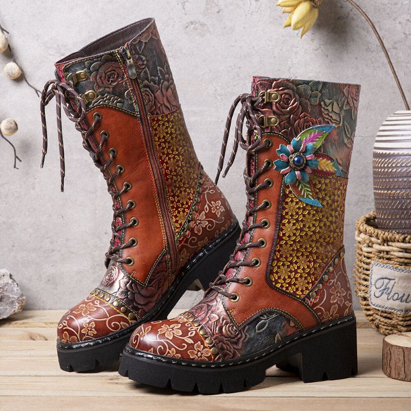 Socofy Femmes Retro Rub Color Fleurs Tridimensionnelles Deco Mid-tube Boots