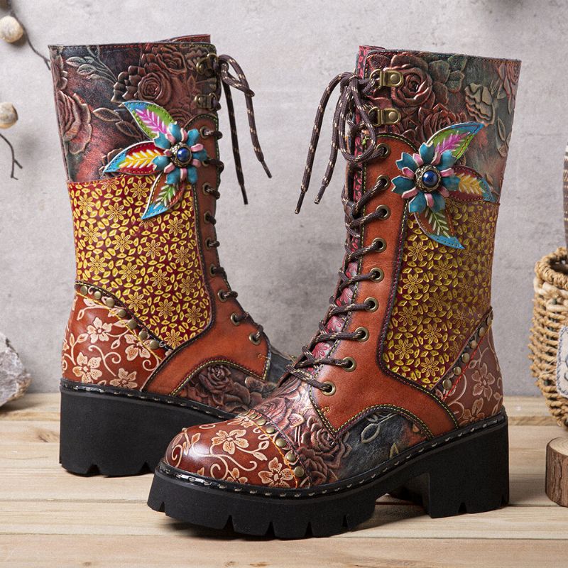 Socofy Femmes Retro Rub Color Fleurs Tridimensionnelles Deco Mid-tube Boots