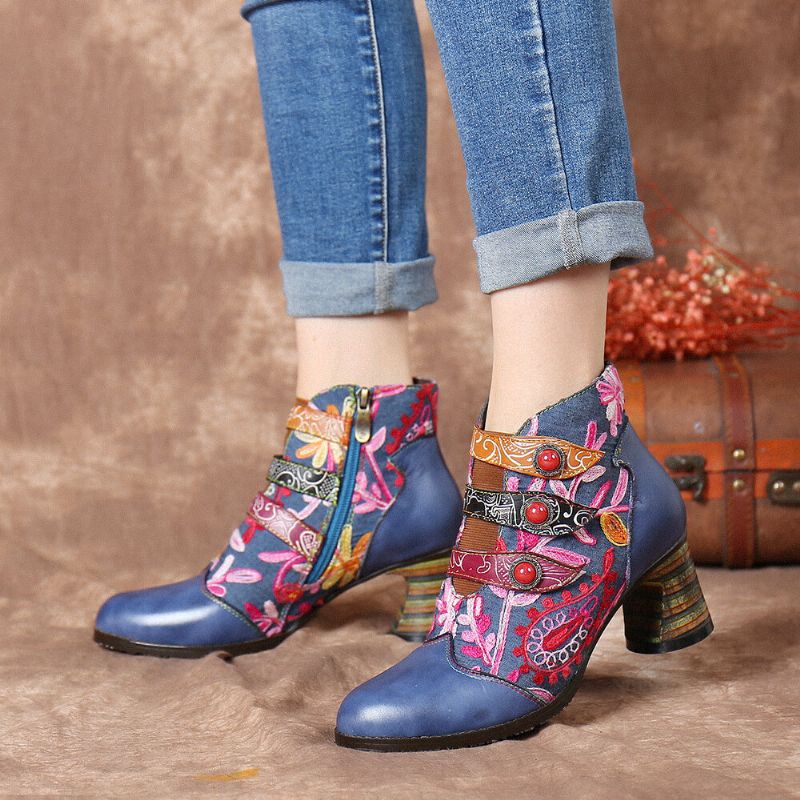 Socofy Fleurs Broderie Épissage Cuir Véritable Semelle Portable Bottines À Talons Chunky