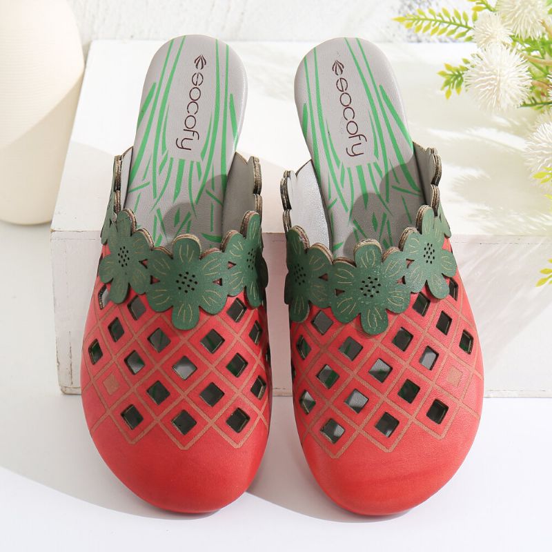 Socofy Floral Comfy Leather Cut Out Round Toe Slip-on Mules Chaussures Plates