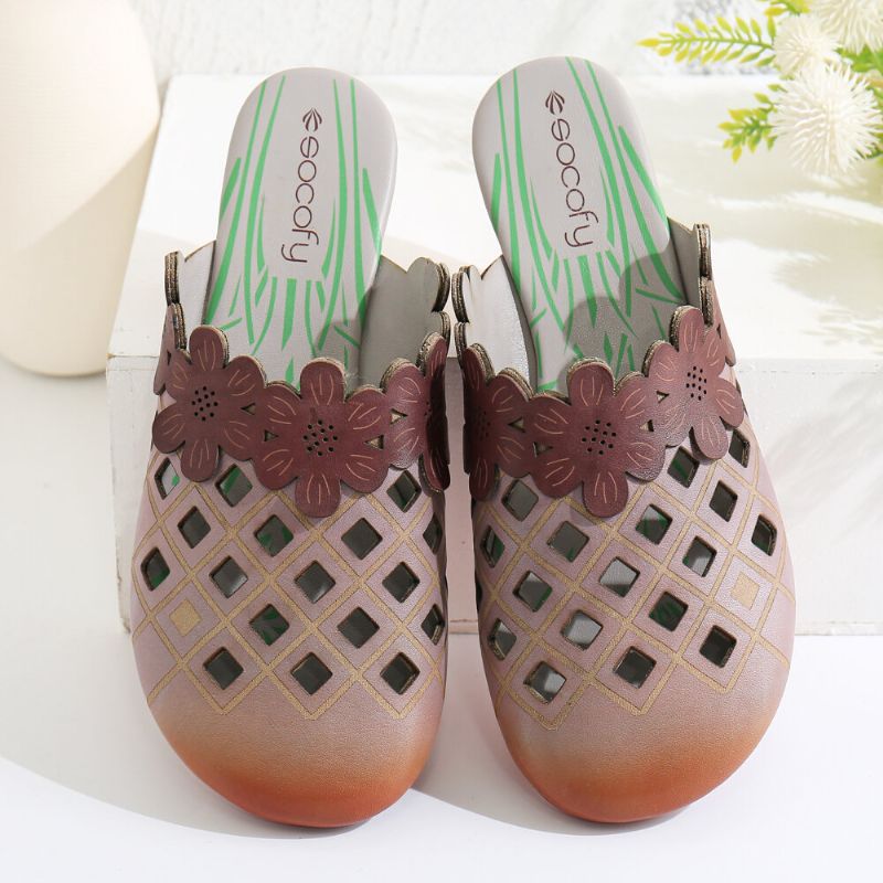 Socofy Floral Comfy Leather Cut Out Round Toe Slip-on Mules Chaussures Plates