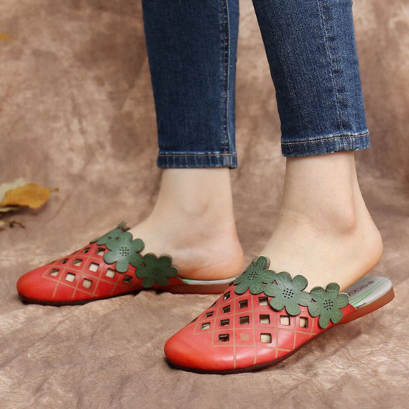 Socofy Floral Comfy Leather Cut Out Round Toe Slip-on Mules Chaussures Plates