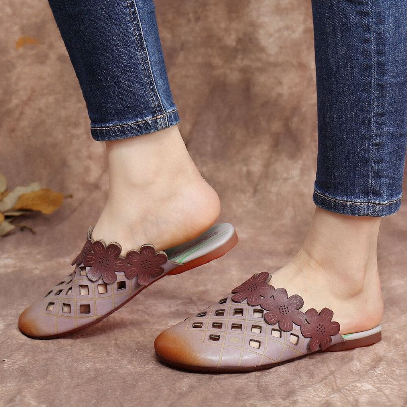 Socofy Floral Comfy Leather Cut Out Round Toe Slip-on Mules Chaussures Plates