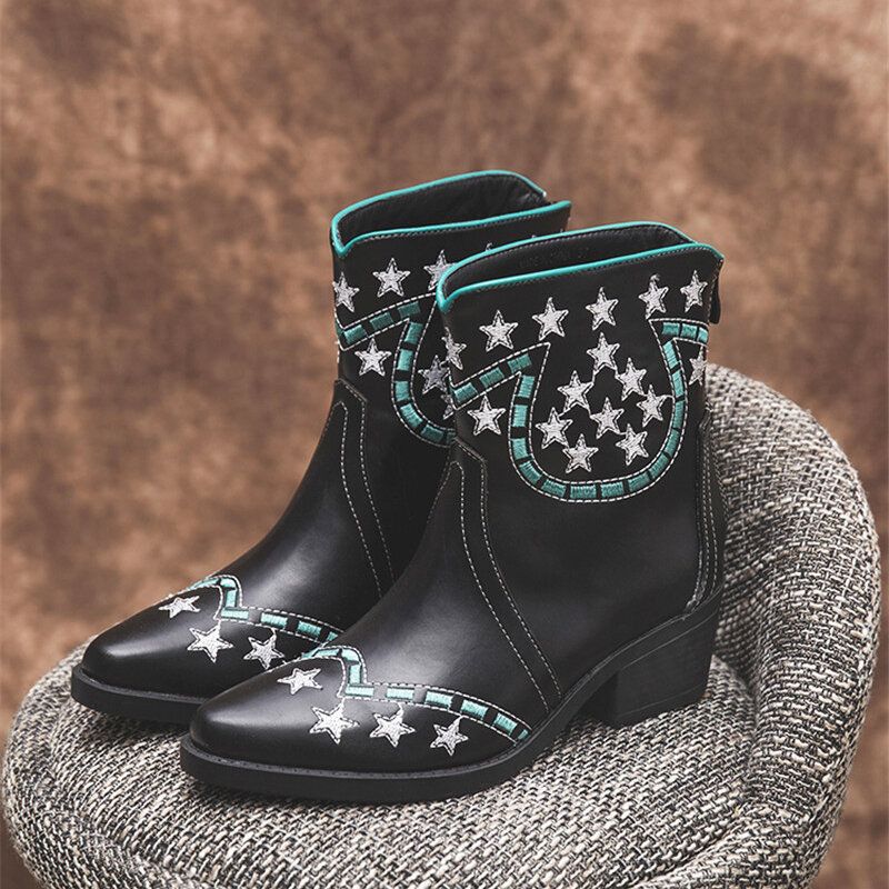 Socofy Folkways Stars Motif Bout Pointu Talon Chunky Bottes Courtes Décontractées