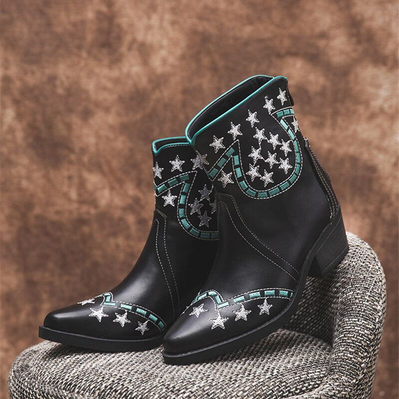 Socofy Folkways Stars Motif Bout Pointu Talon Chunky Bottes Courtes Décontractées