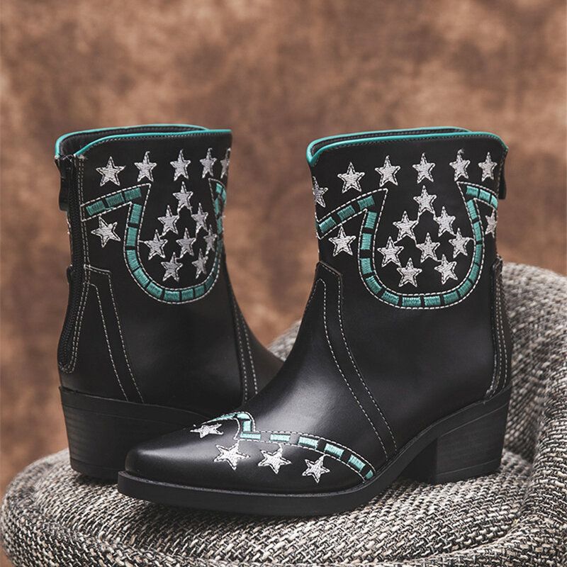 Socofy Folkways Stars Motif Bout Pointu Talon Chunky Bottes Courtes Décontractées