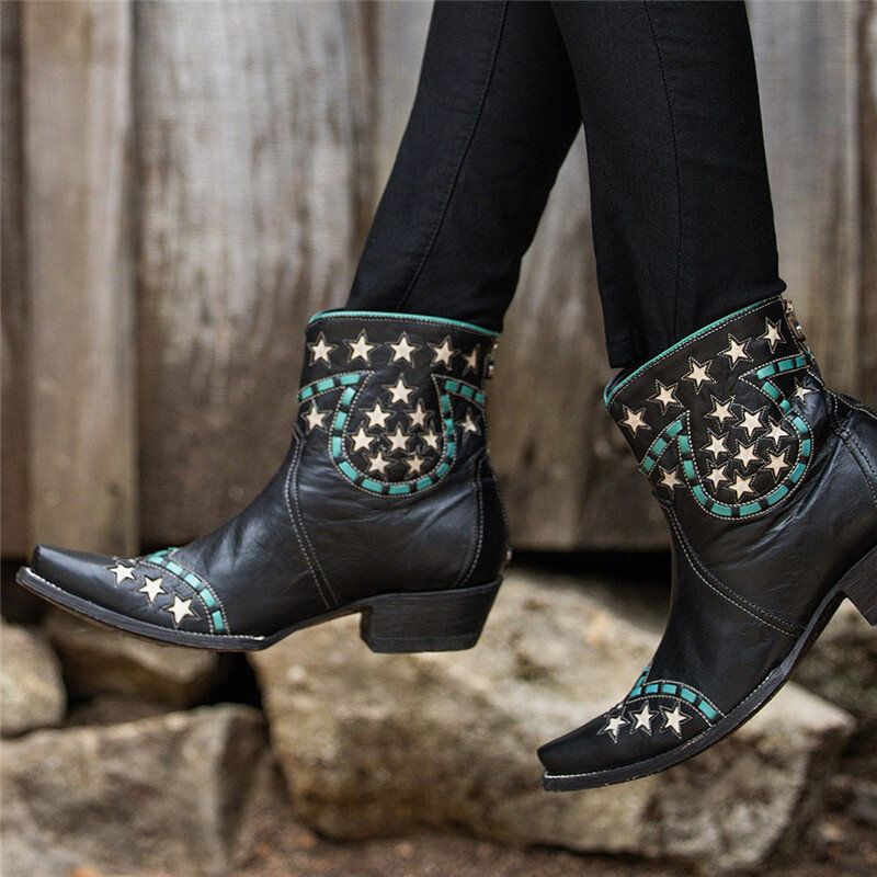 Socofy Folkways Stars Motif Bout Pointu Talon Chunky Bottes Courtes Décontractées