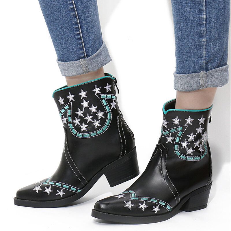 Socofy Folkways Stars Motif Bout Pointu Talon Chunky Bottes Courtes Décontractées