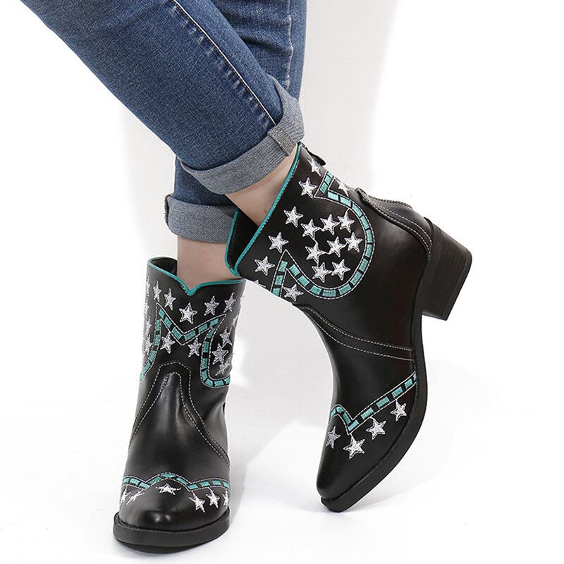 Socofy Folkways Stars Motif Bout Pointu Talon Chunky Bottes Courtes Décontractées