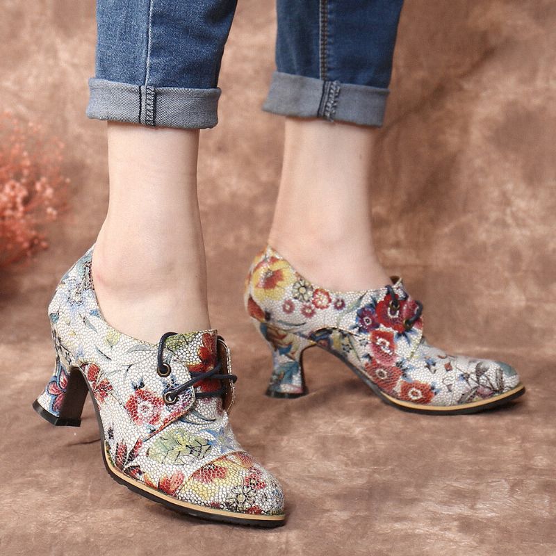 Socofy Fresh Natural Flowers Leaves Imprimé Confortable Wearable Chunky Heel Femmes Casual Lace Up Pumps