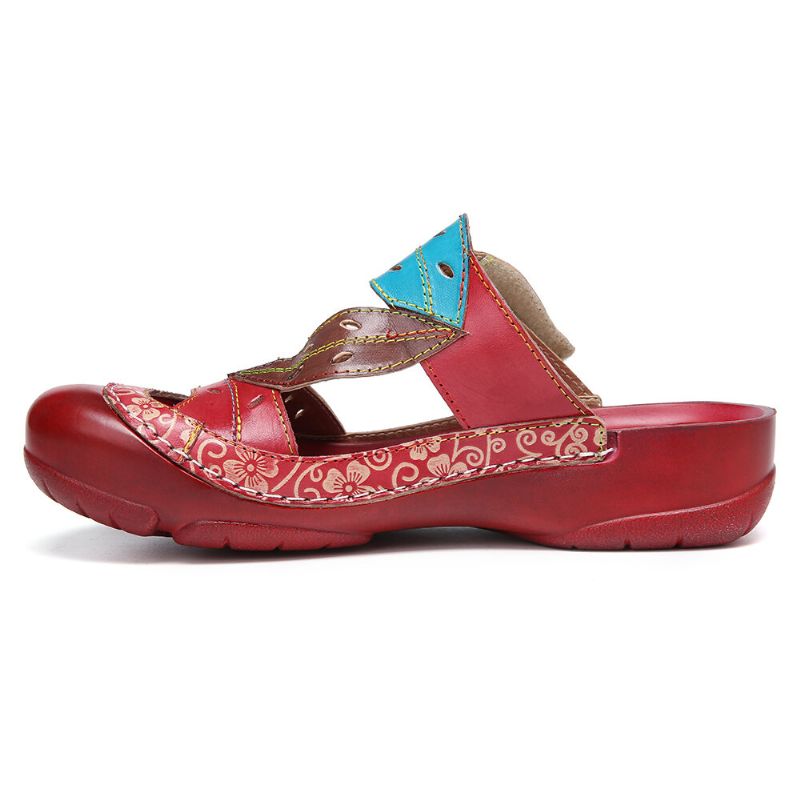 Socofy Handmade Leather Beaded Floral Cutout Strap Réglable Slip-on Mules Sabots Sandales