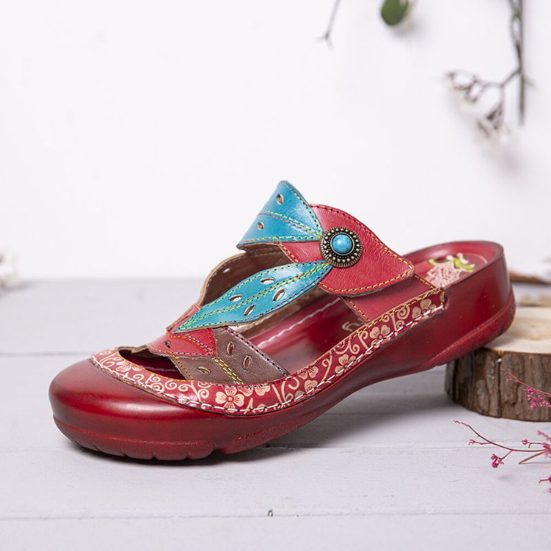 Socofy Handmade Leather Beaded Floral Cutout Strap Réglable Slip-on Mules Sabots Sandales