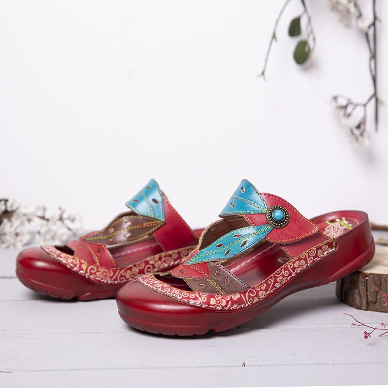 Socofy Handmade Leather Beaded Floral Cutout Strap Réglable Slip-on Mules Sabots Sandales