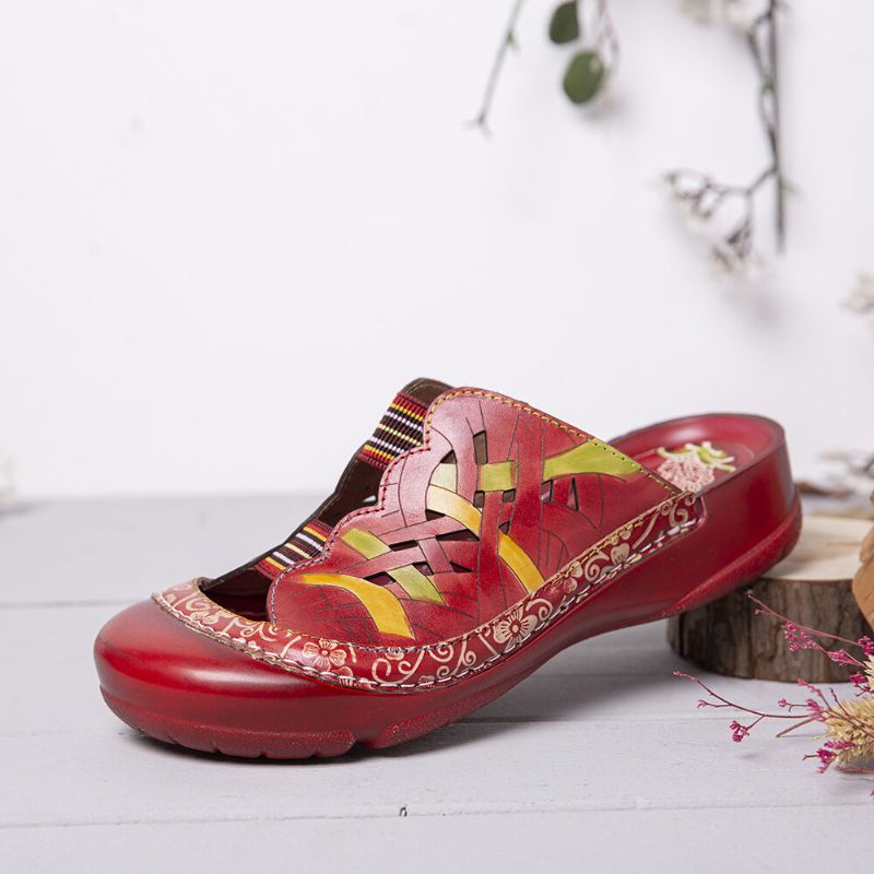 Socofy Handmade Leather Floral Elastic Band Cutout Couture Slip On Slides Flat Mules Sandals