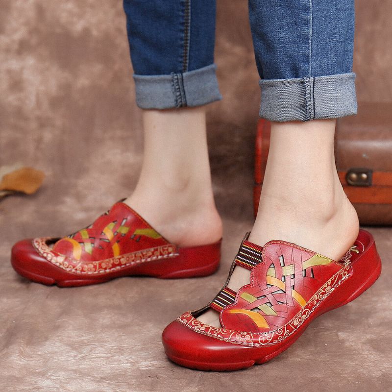 Socofy Handmade Leather Floral Elastic Band Cutout Couture Slip On Slides Flat Mules Sandals