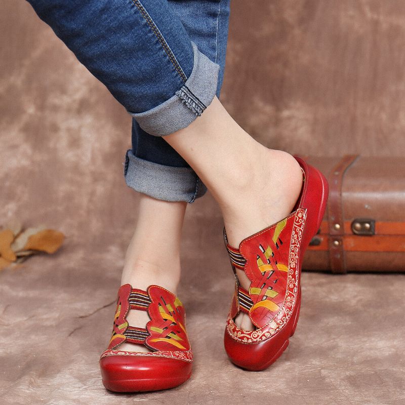 Socofy Handmade Leather Floral Elastic Band Cutout Couture Slip On Slides Flat Mules Sandals