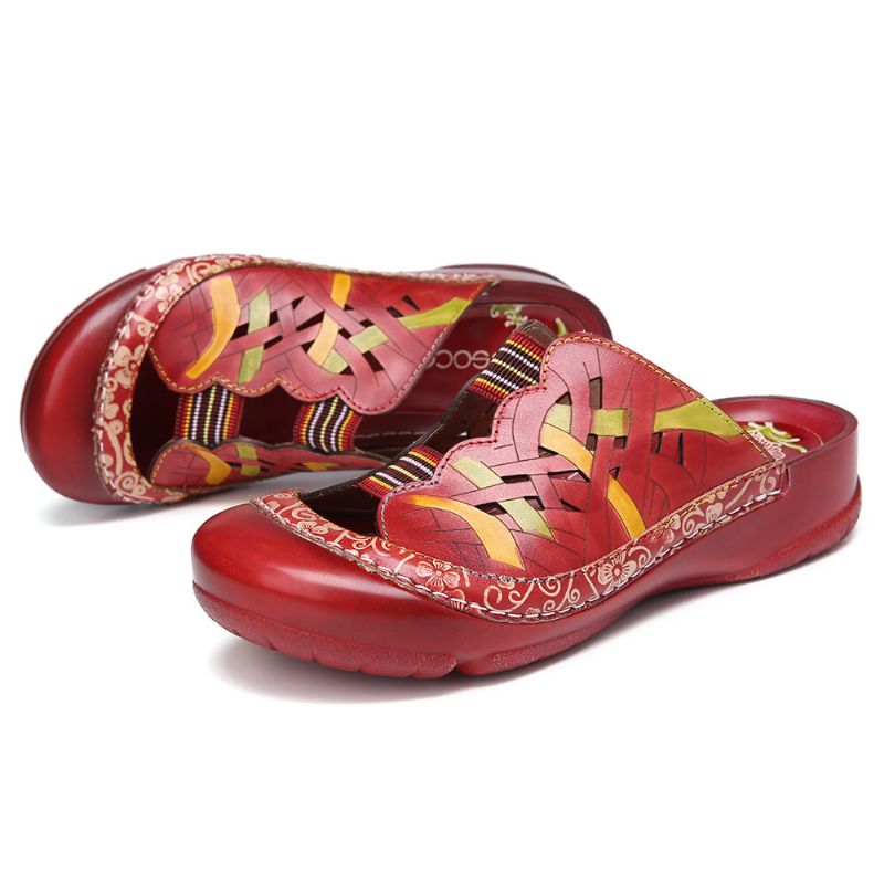 Socofy Handmade Leather Floral Elastic Band Cutout Couture Slip On Slides Flat Mules Sandals