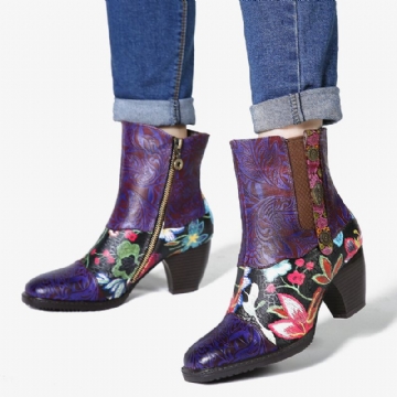 Socofy Ladies Splicing Floral Pattern Round Toe Warm Lined Zipper Mid-calf Chelsea Boots