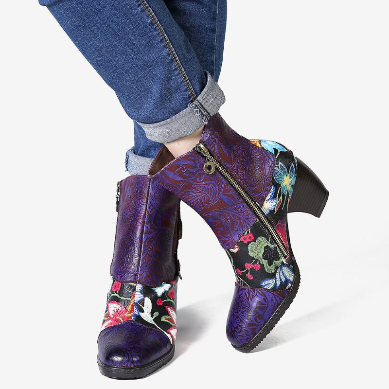 Socofy Ladies Splicing Floral Pattern Round Toe Warm Lined Zipper Mid-calf Chelsea Boots