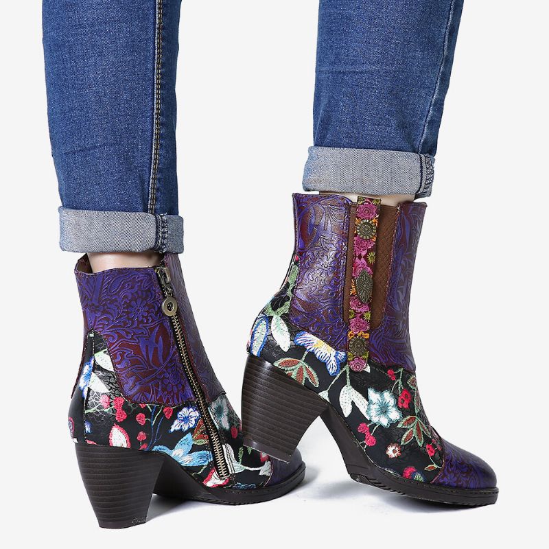 Socofy Ladies Splicing Floral Pattern Round Toe Warm Lined Zipper Mid-calf Chelsea Boots