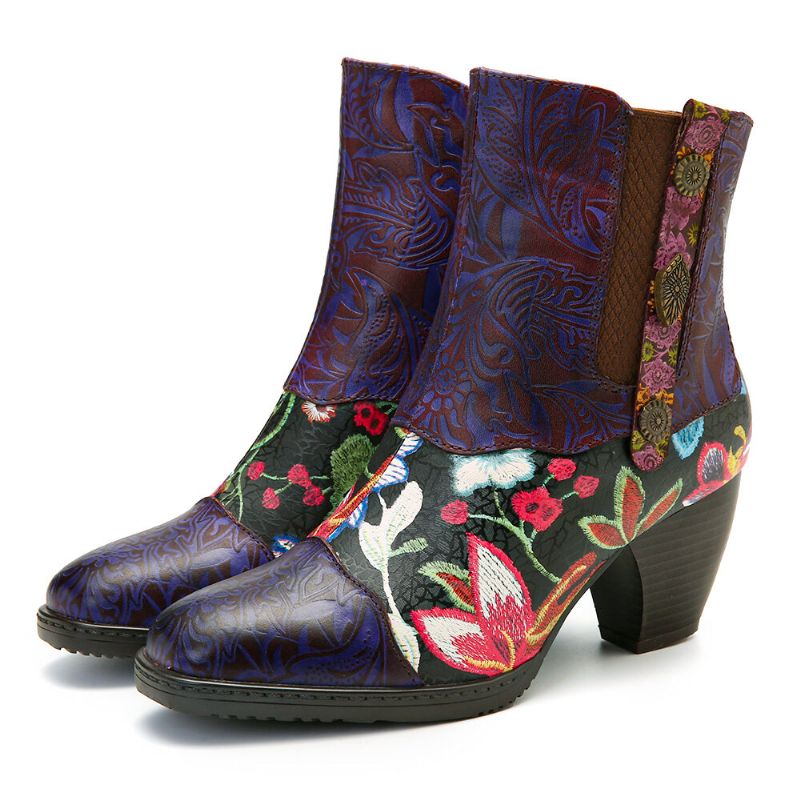 Socofy Ladies Splicing Floral Pattern Round Toe Warm Lined Zipper Mid-calf Chelsea Boots