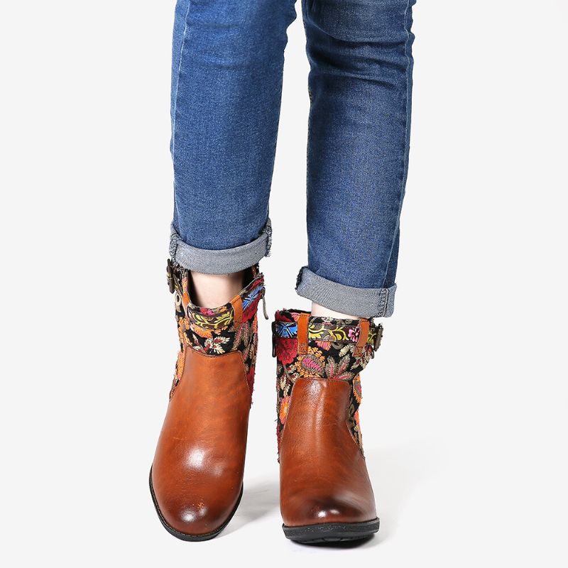 Socofy Mesdames Causal Motif Floral Boucle Déco Épissage Bout Rond Bloc Talon Bottines