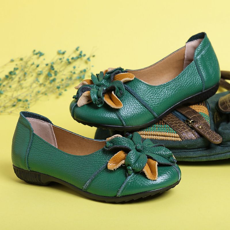 Socofy Mocassins En Cuir Doux Et Décontractés Faits À La Main Avec Décor De Fleurs Rétro