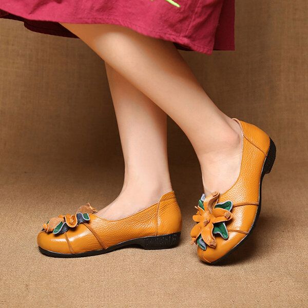 Socofy Mocassins En Cuir Doux Et Décontractés Faits À La Main Avec Décor De Fleurs Rétro