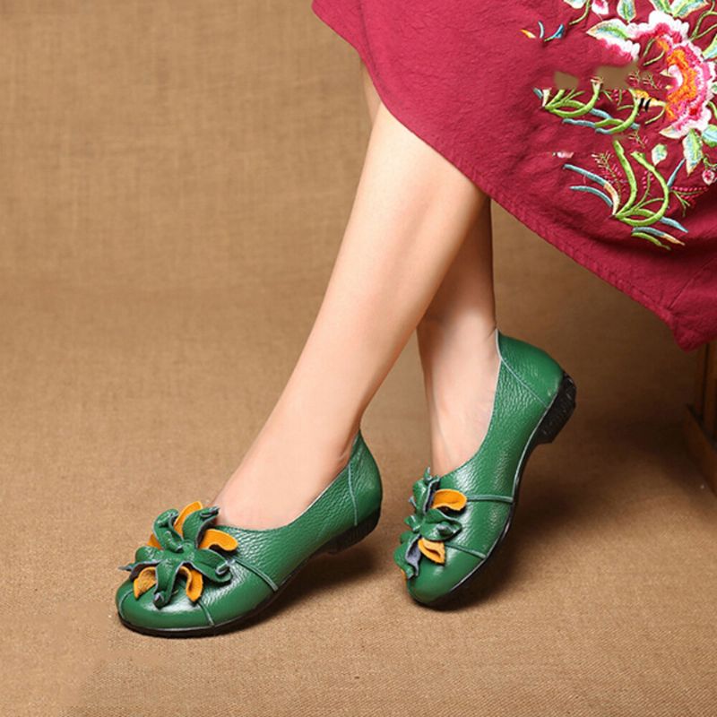 Socofy Mocassins En Cuir Doux Et Décontractés Faits À La Main Avec Décor De Fleurs Rétro